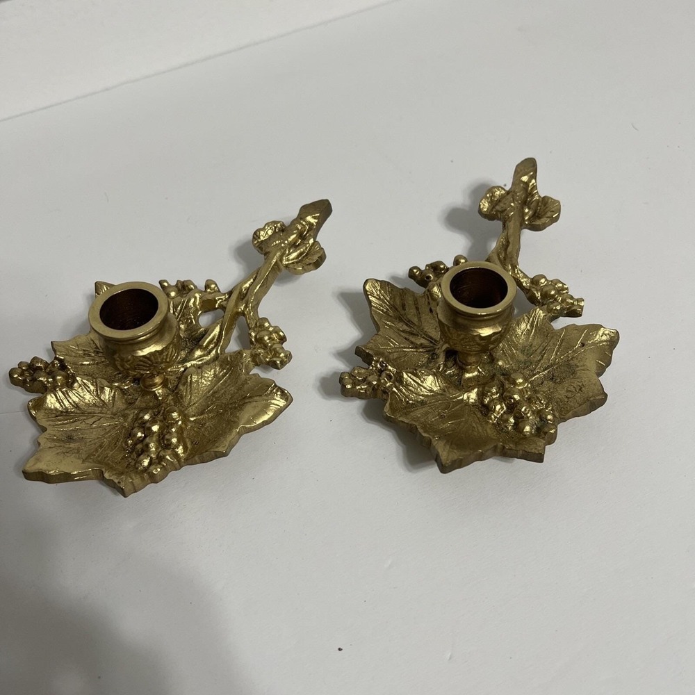 Vintage Brass Maple Leaf And Berries Taper Candlestick Holders Set Of 2